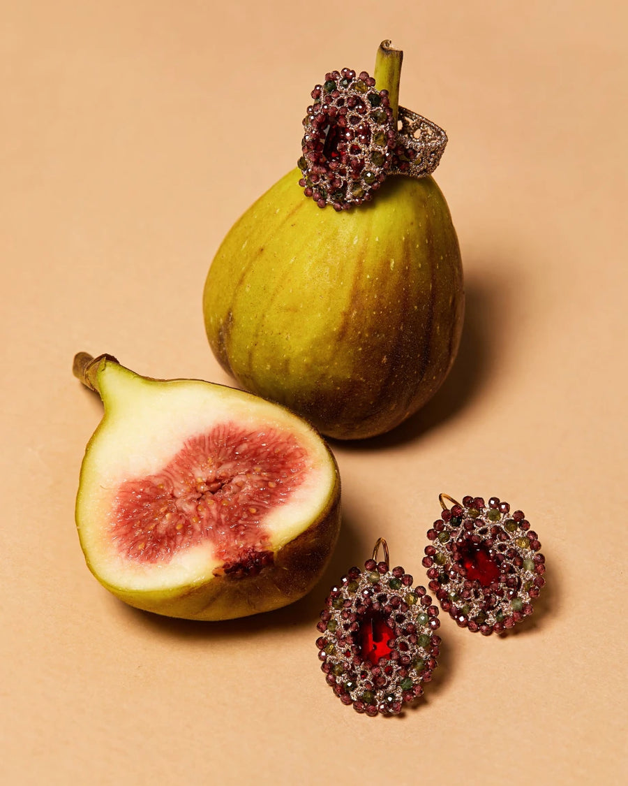 ECATERINA EARRINGS in Silk, Gold, Silver color Red side view with decorative details and quality finishes