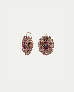 Red silk and gold ECATERINA earrings with crystal and garnet details, intricate texture and elegant design.