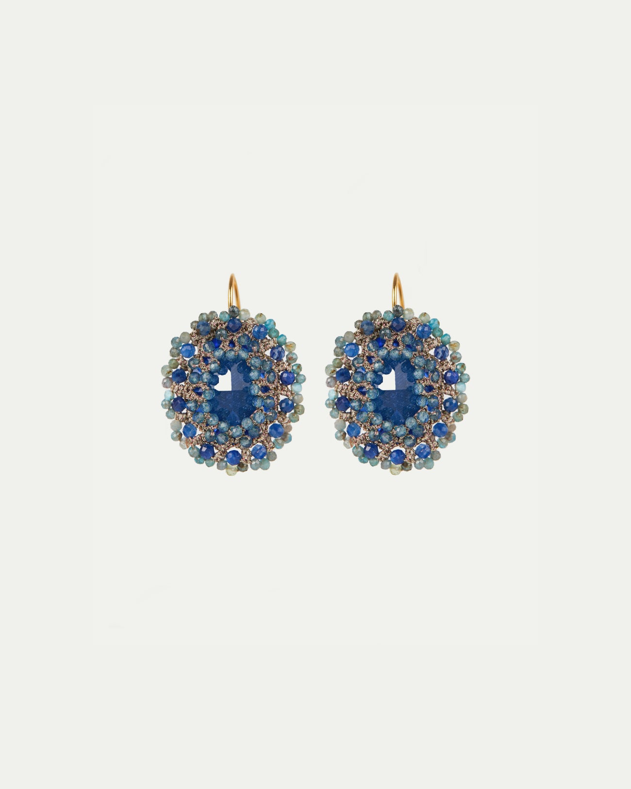 ECATERINA Earrings with blue gemstones, crystal, kyanite, apatite, blue topaz, silk, gold-plated silver hooks.