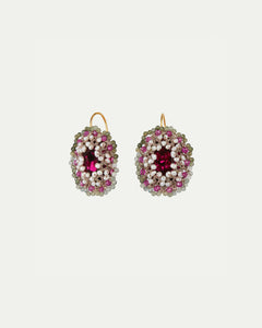Rose ECATERINA earrings with silk, gold, silver, freshwater pearls, and intricate beading details.