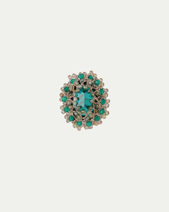 Green ECATERINA RING with oval gemstone, surrounded by intricate beadwork, side view, sizes 54, 56, 57 available.