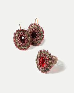 Red ECATERINA RING with crystal and garnet detailing, silk texture, sizes 54-58 available.