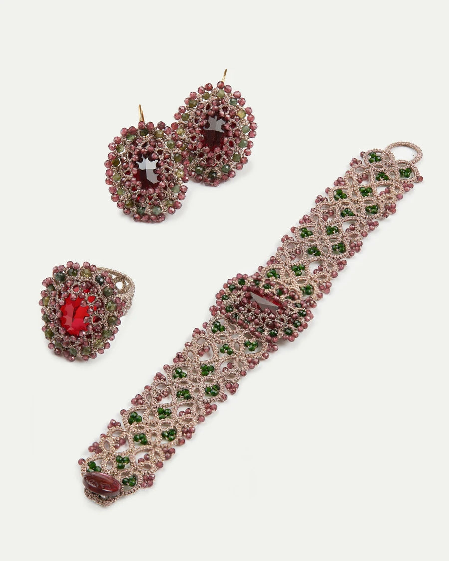 ECATERINA RING in Silk, Crystal, Garnet color Red angle view with superior finishes and refined design