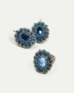 ECATERINA RING with crystals, kyanite, topaz, silk threads, blue gemstones in intricate design.