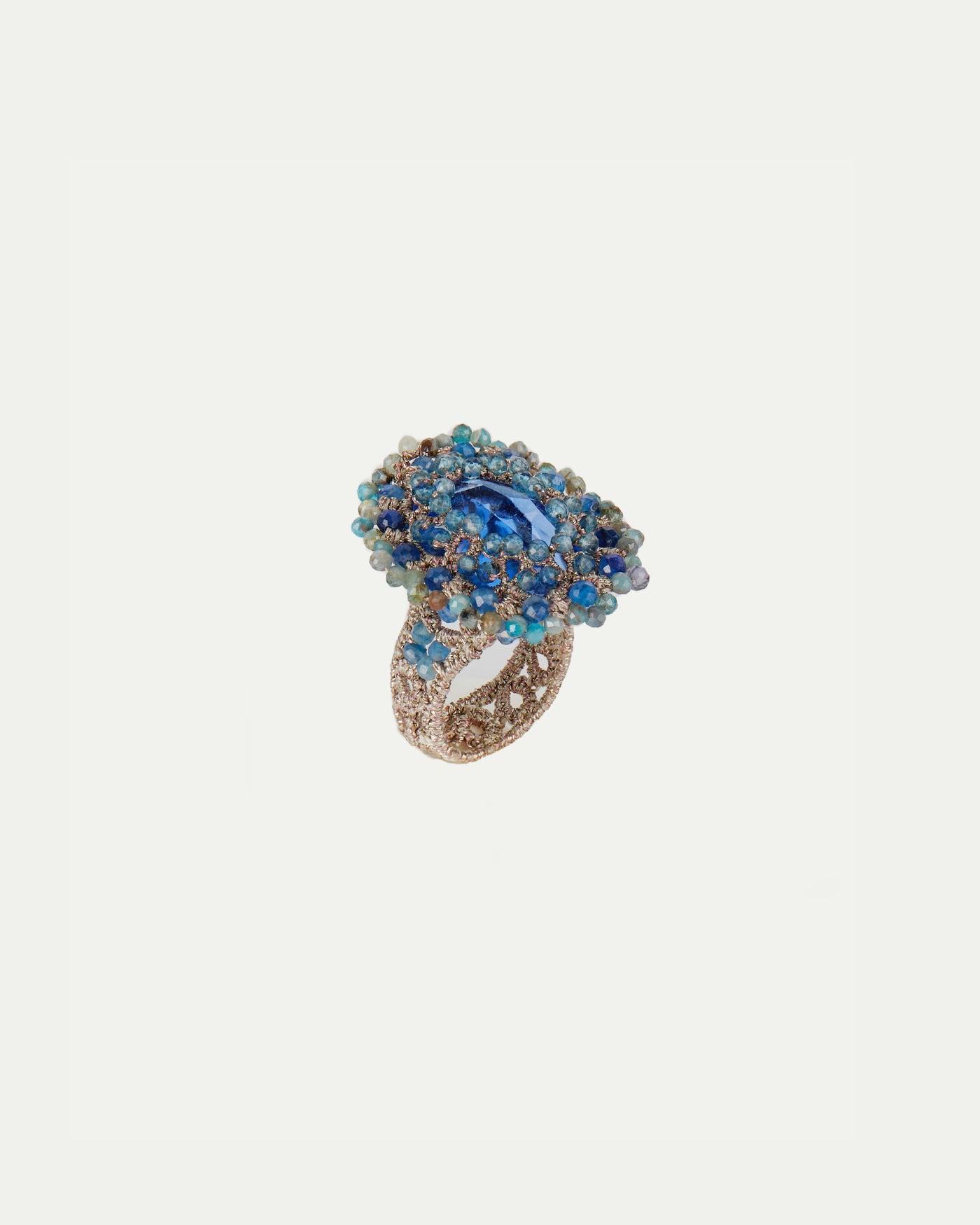 Blue ECATERINA ring with silk, crystal, kyanite, and topaz detailing, sizes 50, 54, 56.