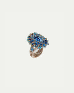 Blue ECATERINA ring with silk, crystal, kyanite, and topaz detailing, sizes 50, 54, 56.