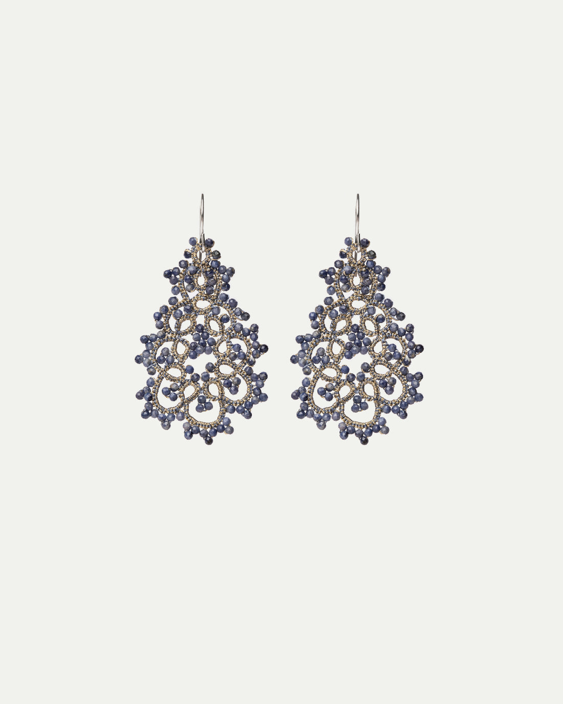 ELENA EARRINGS in Silk, Silver, Sapphire color Blue front view with elegant and refined design