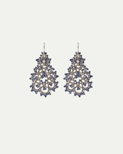 ELENA EARRINGS in Silk, Silver, Sapphire color Blue front view with elegant and refined design
