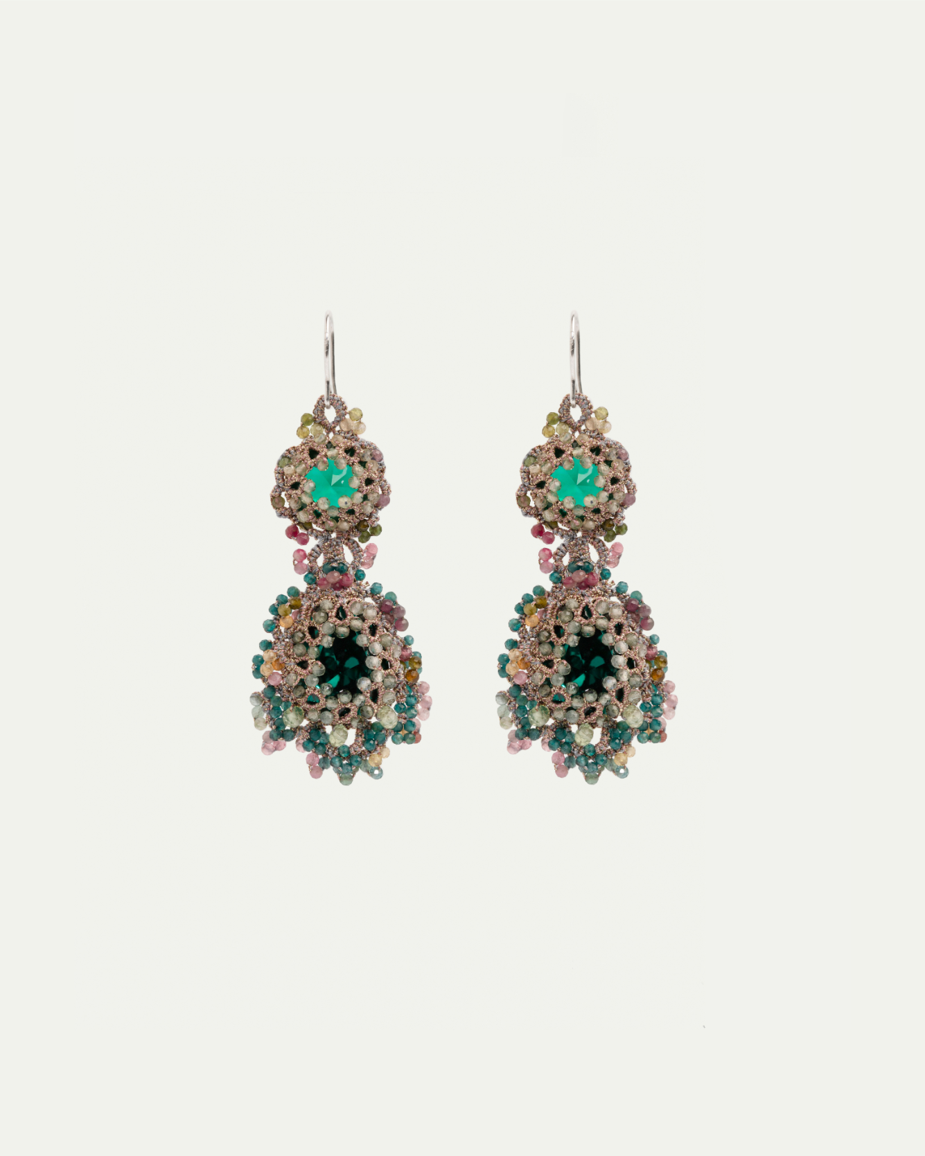 Green ELINA earrings with ornate multicolored floral design and intricate metal detailing, side view.