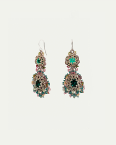 Green silk earrings with intricate beadwork detailing, featuring multicolored beads in a floral pattern.
