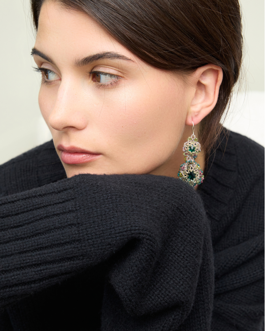 Green silk ELINA EARRINGS with intricate texture and elegant design.