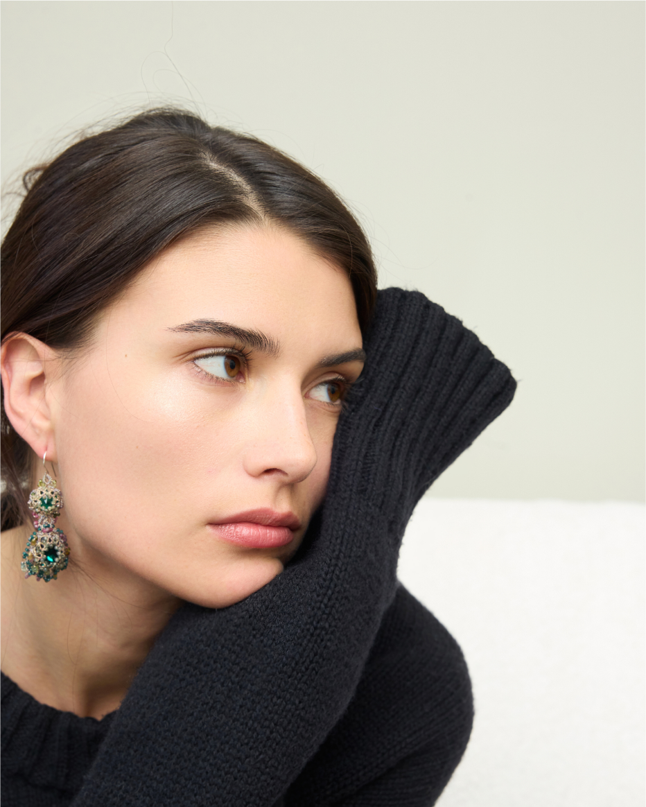 ELINA EARRINGS with green tourmaline, emerald, silk threads, silver hooks, intricate detailing.