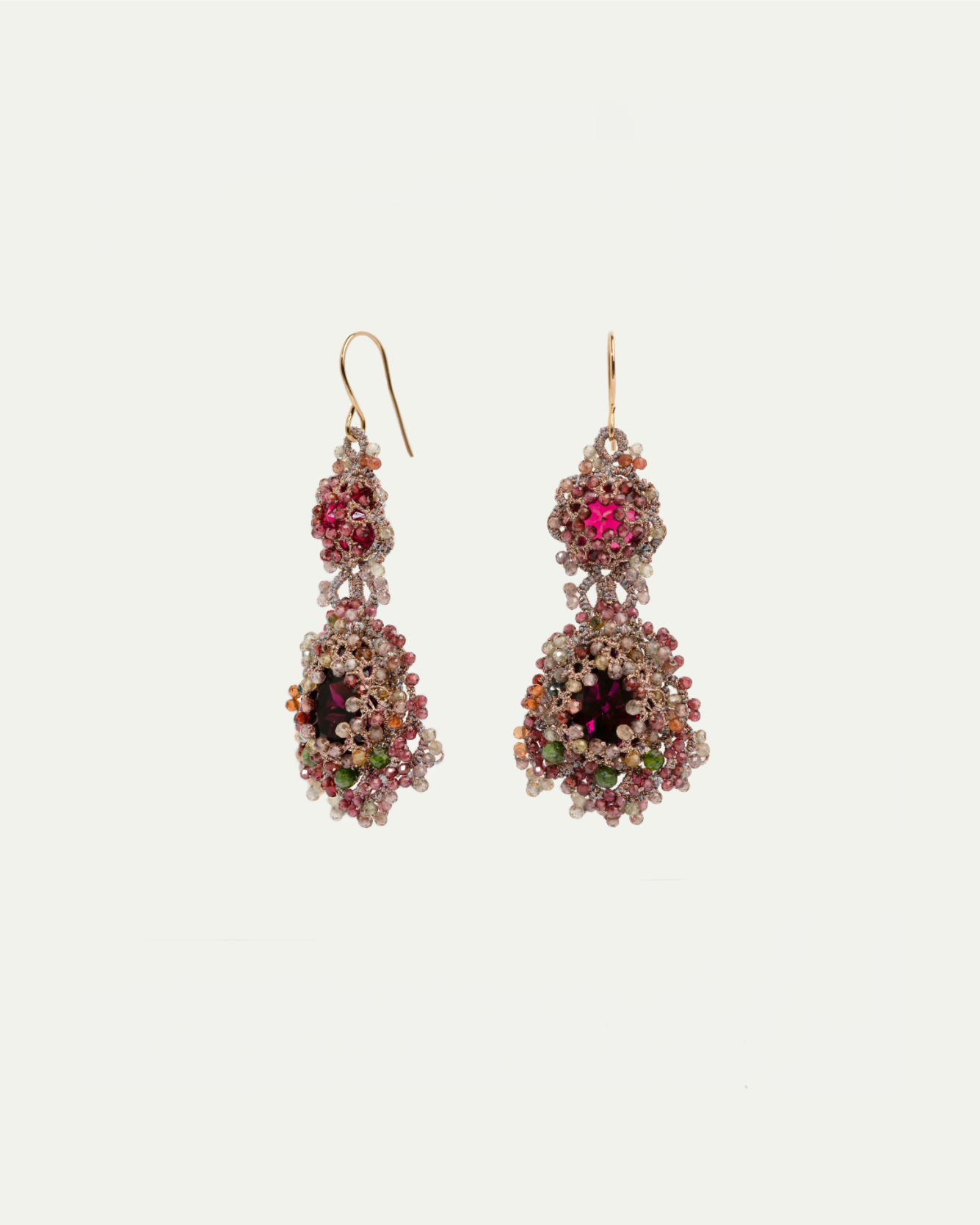 Rose ELINA earrings with intricate beadwork and colorful gemstones, side view showcasing detailed design.