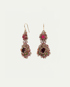 Rose ELINA earrings with intricate beadwork and colorful gemstones, side view showcasing detailed design.