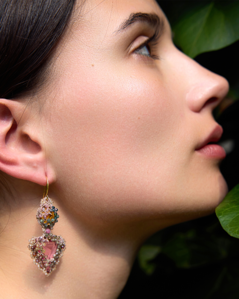 ELLA EARRINGS in Silk, Gold, Silver color Rose side view with decorative details and quality finishes