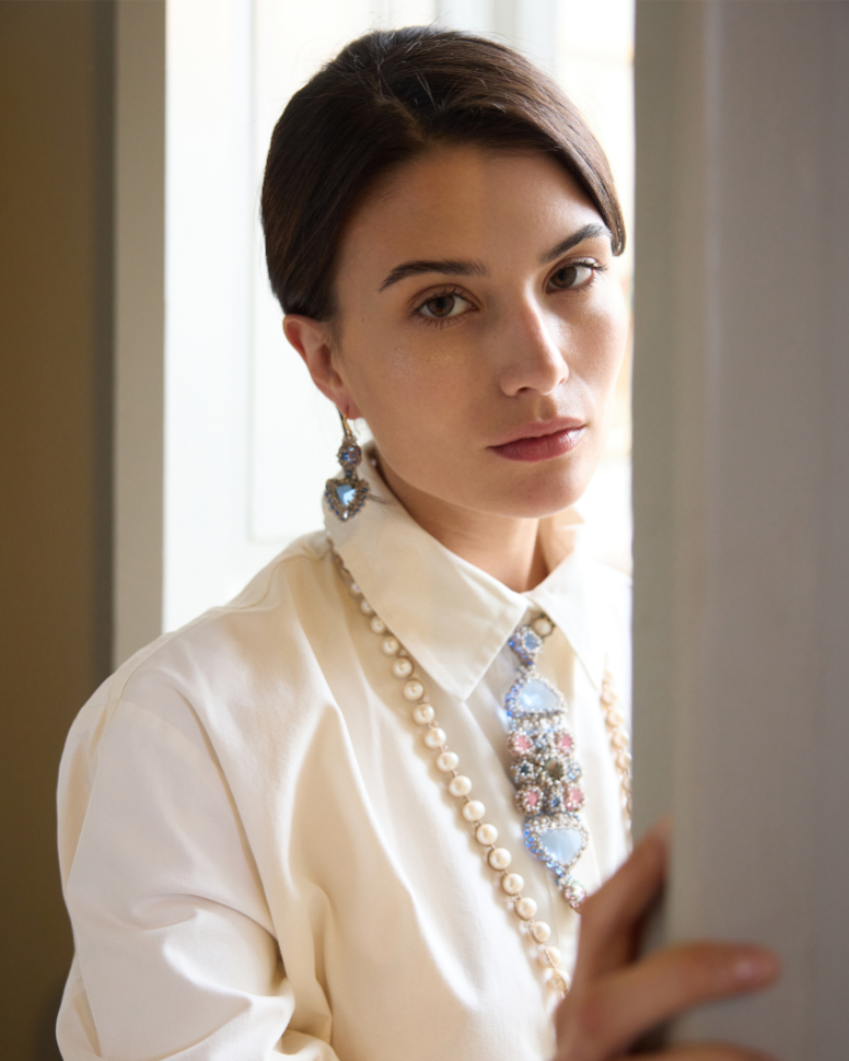 ELLA EARRINGS in Silk, Silver, Crystal color Blue detail view with classic and elegant design