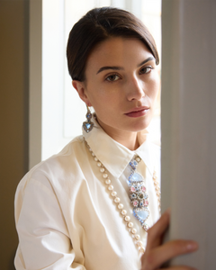 ELLA EARRINGS in Silk, Silver, Crystal color Blue detail view with classic and elegant design