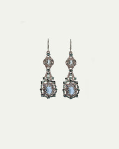 ELOISE earrings with crystal, topaz, blue tourmaline, silk threads, gold-plated silver hooks, blue accents.