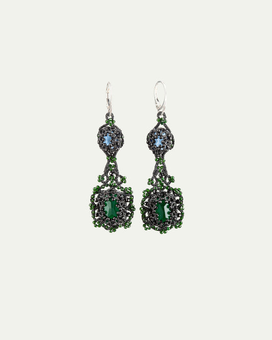 ELOISE EARRINGS in Silk, Silver, Crystal color Black side view with decorative details and quality finishes