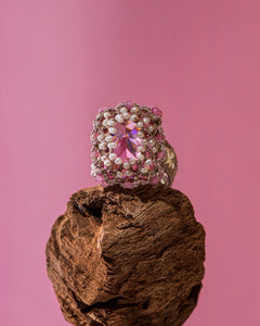 ERICA RING with pink tourmaline, freshwater pearls, and crystal set in rose silk threads.