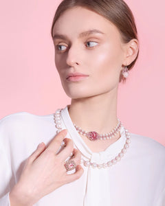 Silk ERICA RING in rose with pearls, freshwater pearls, crystal, tourmaline; detailed texture.