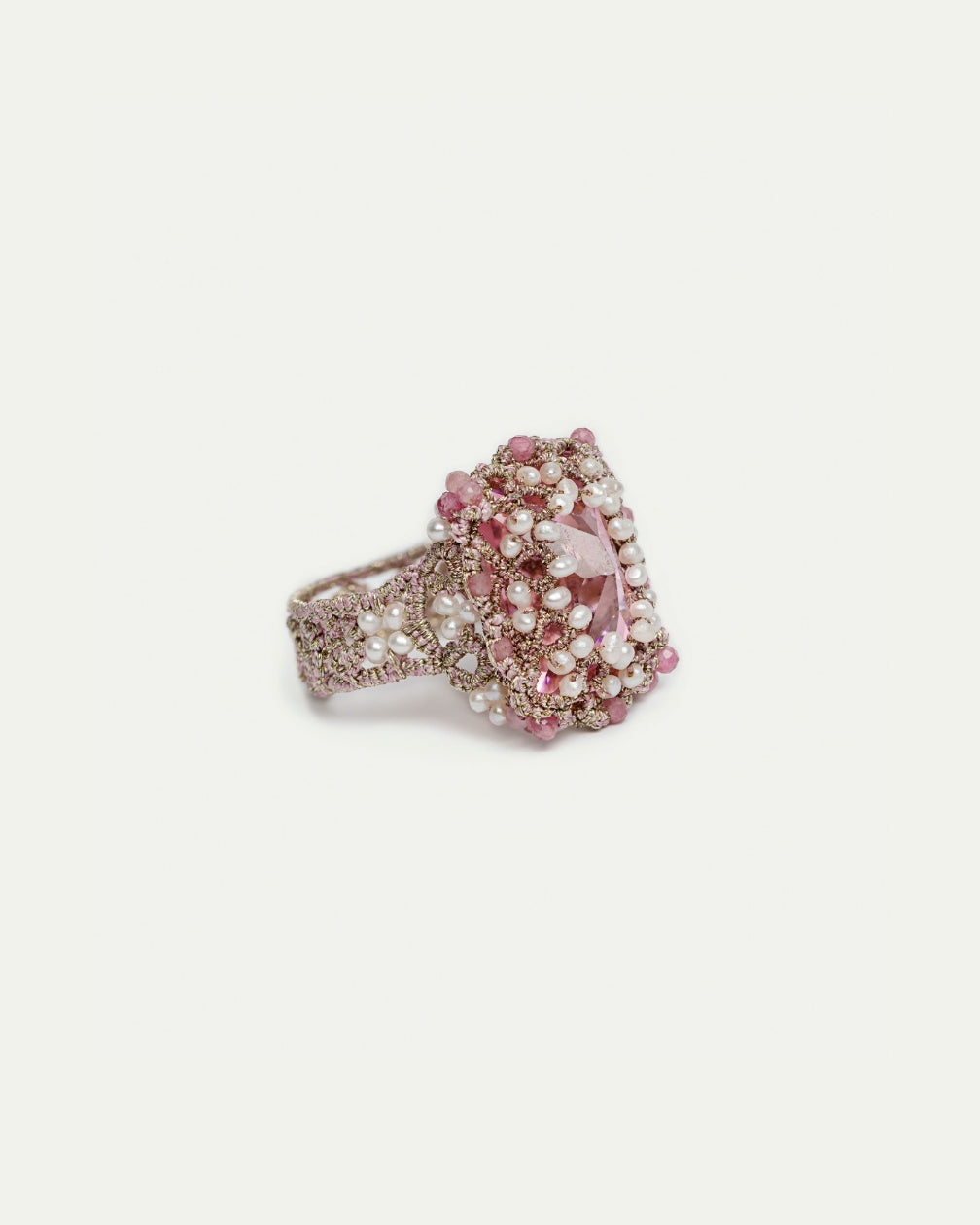 Rose ERICA RING with silk, pearls, freshwater pearls, crystals, tourmaline, intricate beading detail.