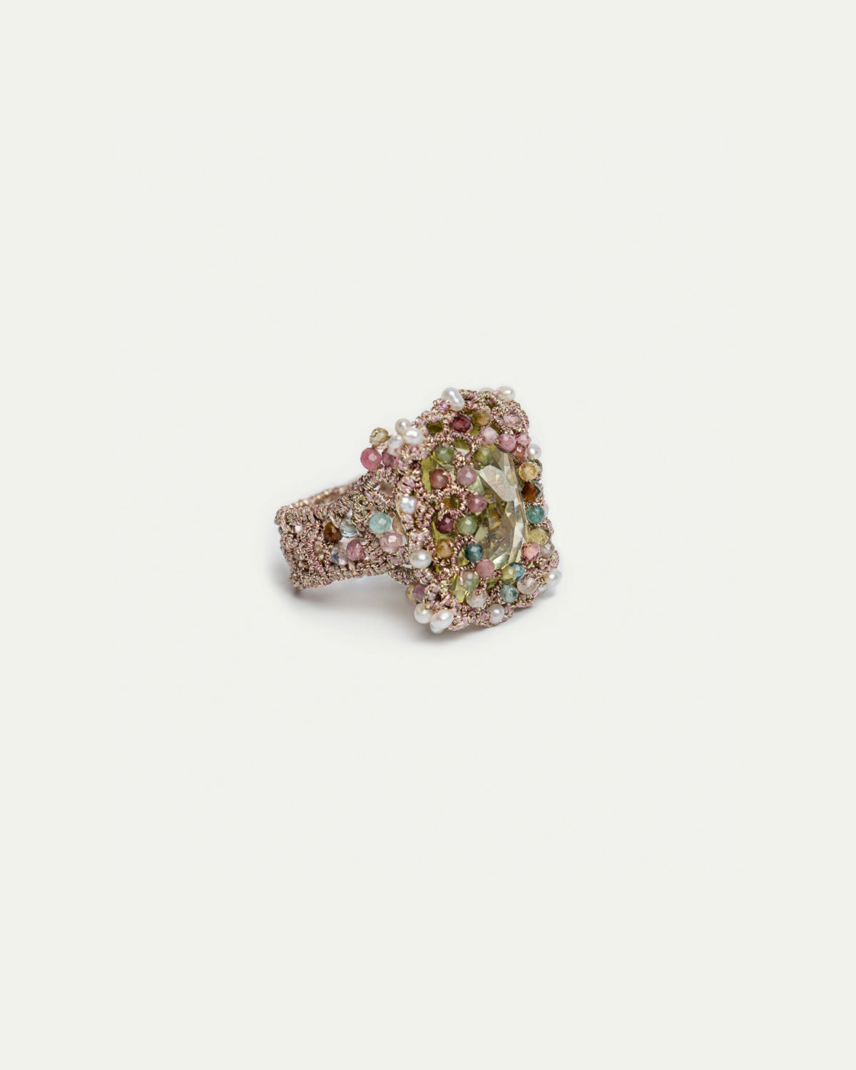 ERICA RING in Silk, Pearls, Freshwater pearls color Green side view with decorative details and quality finishes