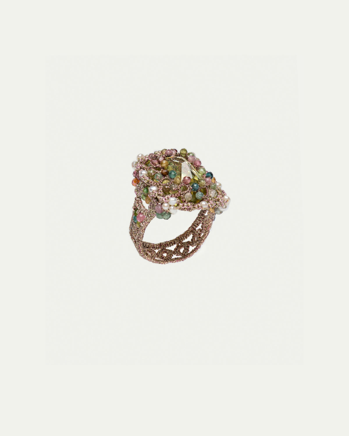 ERICA RING in Silk, Pearls, Freshwater pearls color Green close-up view with premium look and attention to detail