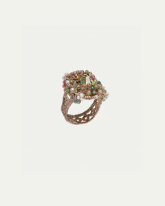 Green ERICA RING with silk, pearls, freshwater pearls, tourmaline, and glass details, size 57 or 59.