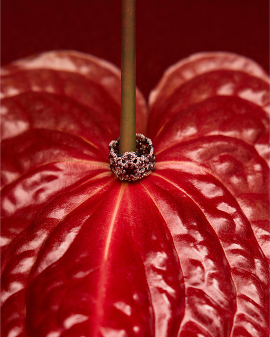 ESTELLE RING in Silk, Crystal, Garnet front view with elegant and refined design
