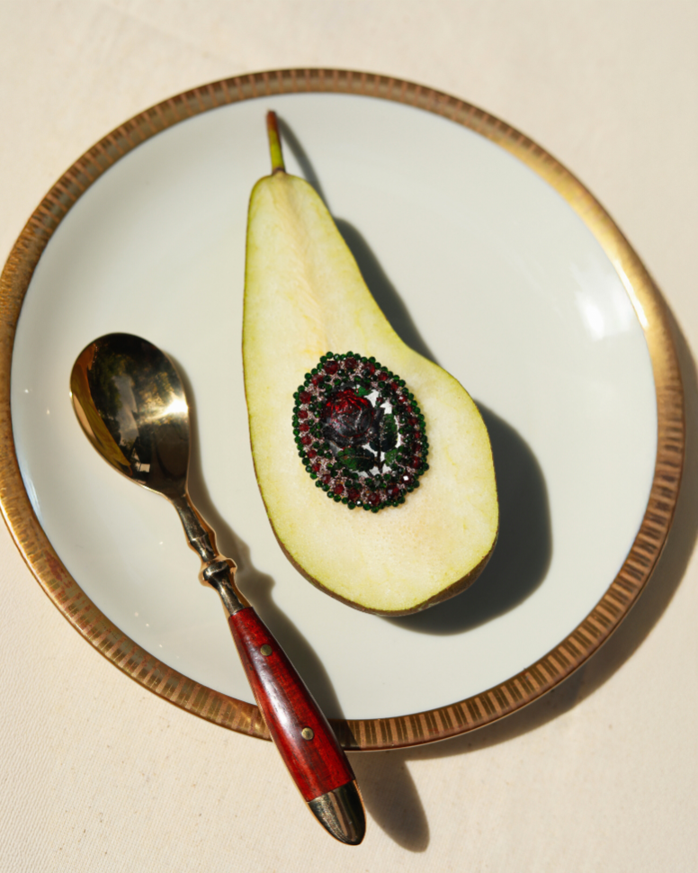 ESTHER BROOCH on halved pear, garnet gemstones, vintage glass, silver pin, silk threads, gold-rimmed plate, wooden spoon