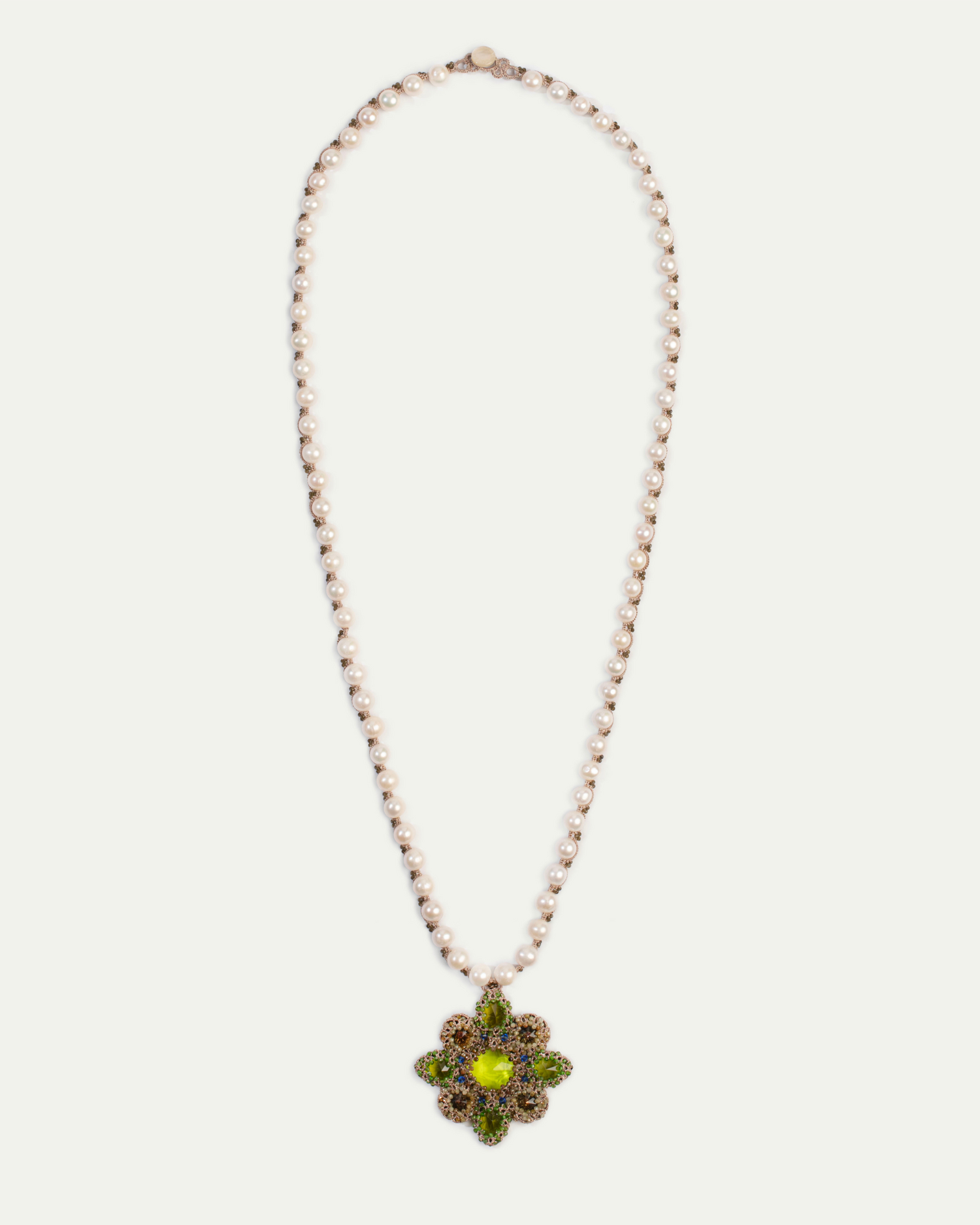 EVA PENDANT in Silk, Pearl, Pearls color Green front view with elegant and refined design