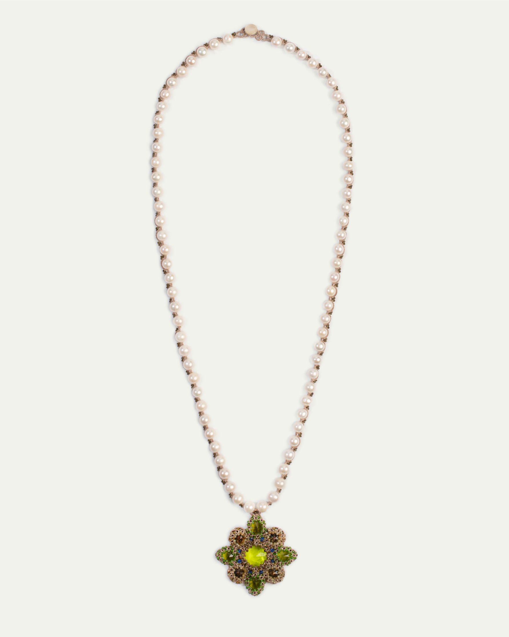EVA PENDANT in Silk, Pearl, Pearls color Green front view with elegant and refined design