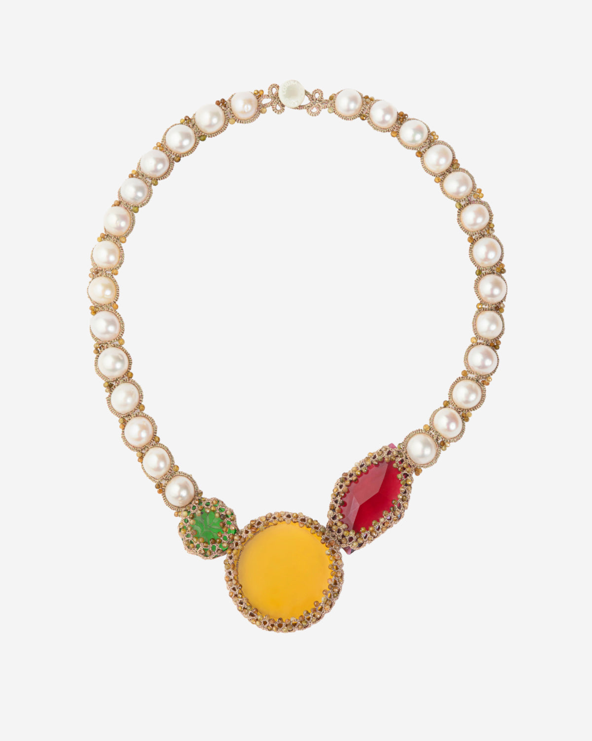 Pearl necklace with gold settings featuring large yellow, red, and green gemstones, side view.