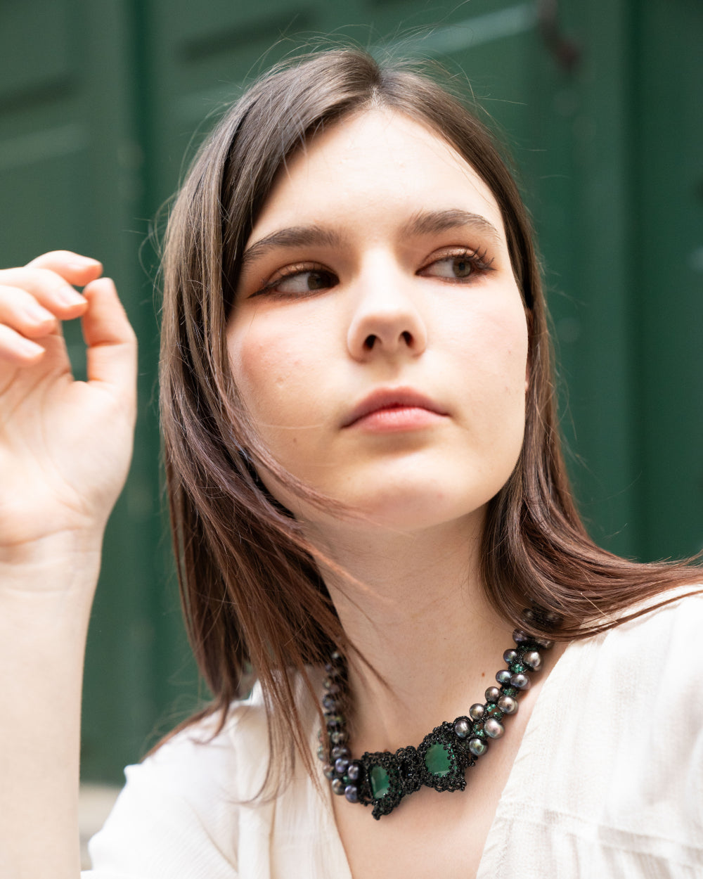 EXCLUSIVE NECKLACE 4042 in Silk, Pearl, Pearls side view with decorative details and quality finishes