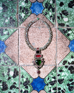 EXCLUSIVE NECKLACE #4052 with vintage crystals, garnet, green stones, multicolored sapphires, and pearls.