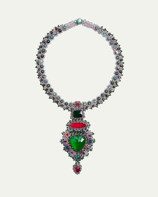 EXCLUSIVE NECKLACE 4052 in Silk, Pearl, Crystals side view with decorative details and quality finishes