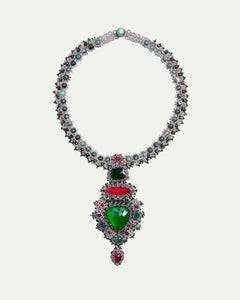 EXCLUSIVE NECKLACE 4052 in Silk, Pearl, Crystals side view with decorative details and quality finishes