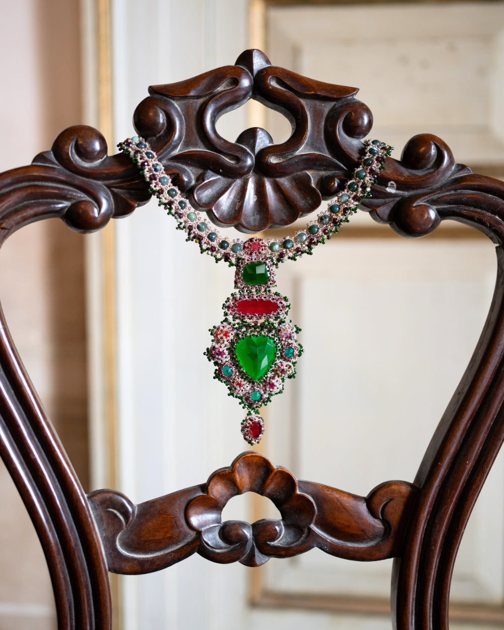 EXCLUSIVE NECKLACE 4052 in Silk, Pearl, Crystals angle view with superior finishes and refined design