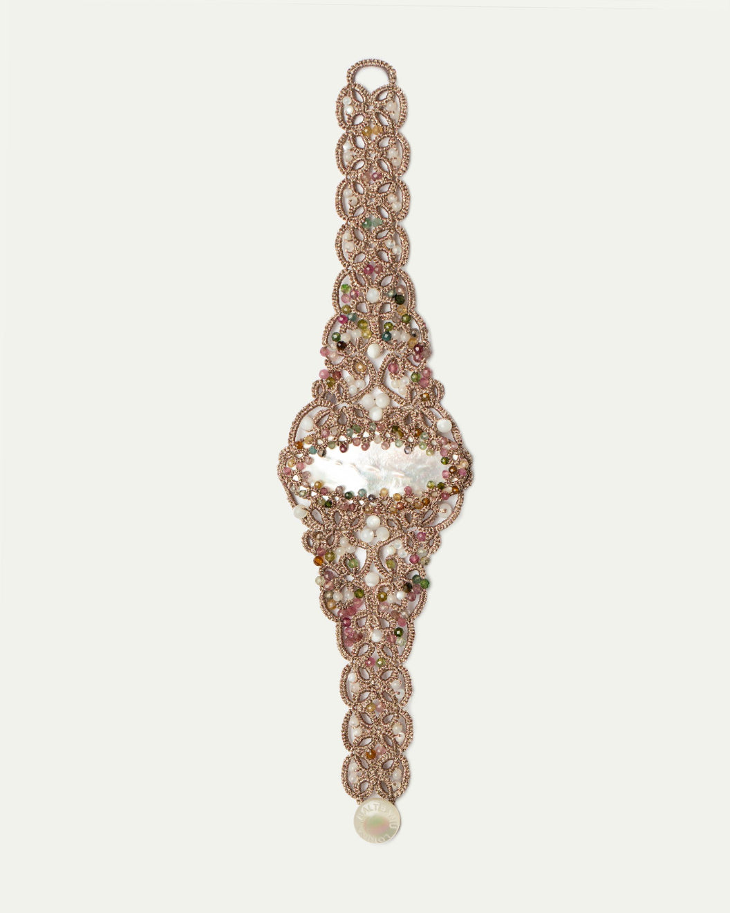 GABI Bracelet with mother of pearl centerpiece, tourmaline gemstones, freshwater pearls, silk and metallized threads, white.