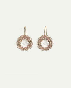 GABI Earrings with mother of pearl centerpiece, pink and gold tourmaline, freshwater pearls, hook fastening.