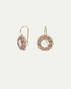 White Gabi earrings with pearls, tourmaline, silk details; hook design, intricate bead texture, freshwater pearl accents.