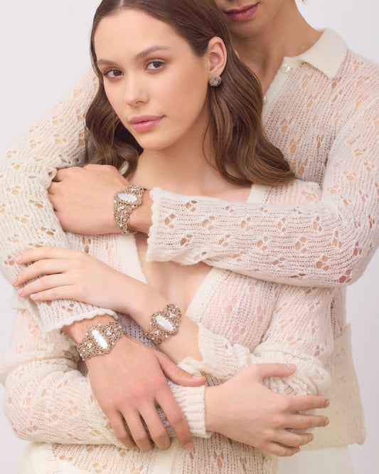 GABI EARRINGS in Silk, Pearl, Pearls color White full view with sophisticated look and elegance
