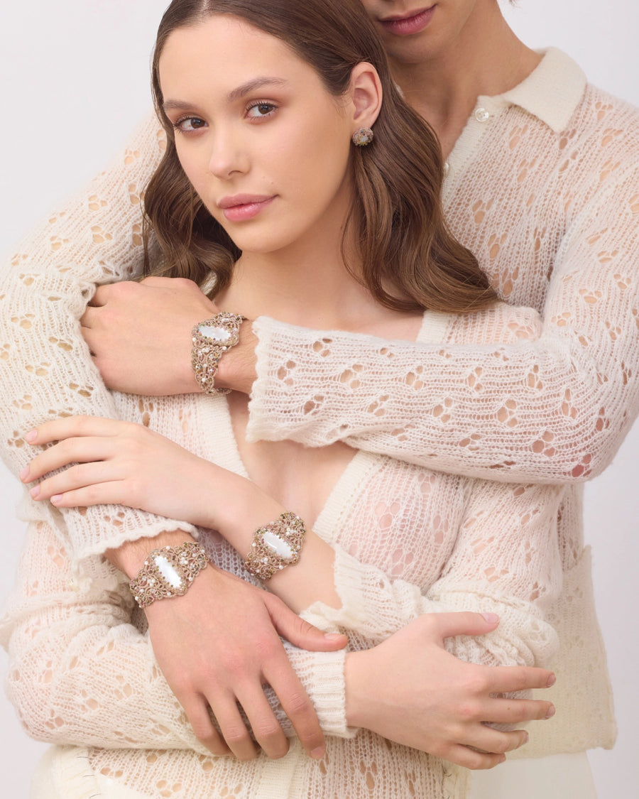 GABI EARRINGS in Silk, Pearl, Pearls color White full view with sophisticated look and elegance