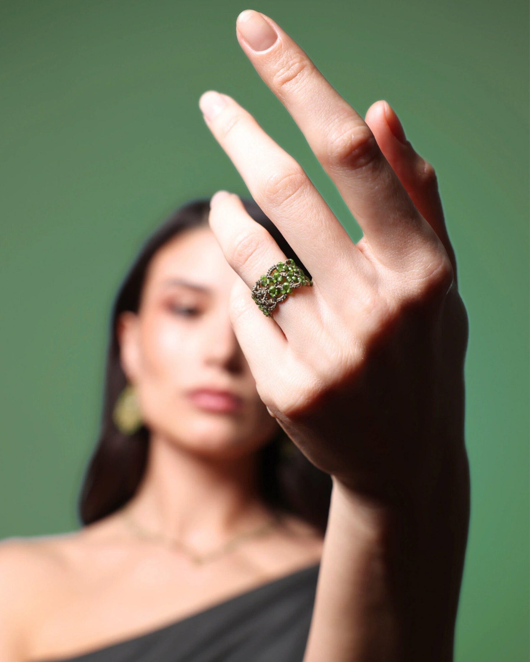 GALIA RING in Silk color Green front view with elegant and refined design