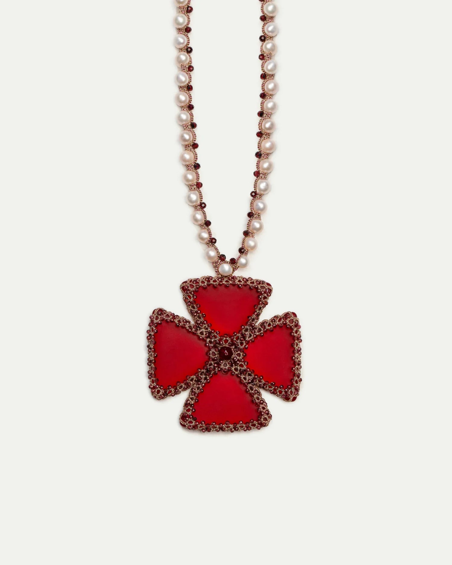 Red silk cross pendant with garnet details, freshwater pearl and garnet chain detailing.