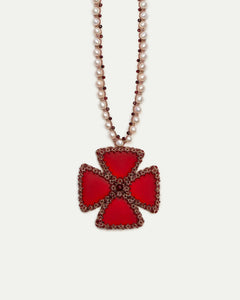 Red silk cross pendant with garnet details, freshwater pearl and garnet chain detailing.