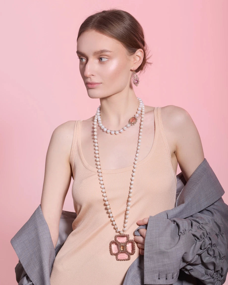 Silk and pearl Georgia pendant in rose with freshwater pearls and tourmaline on detailed necklace design.