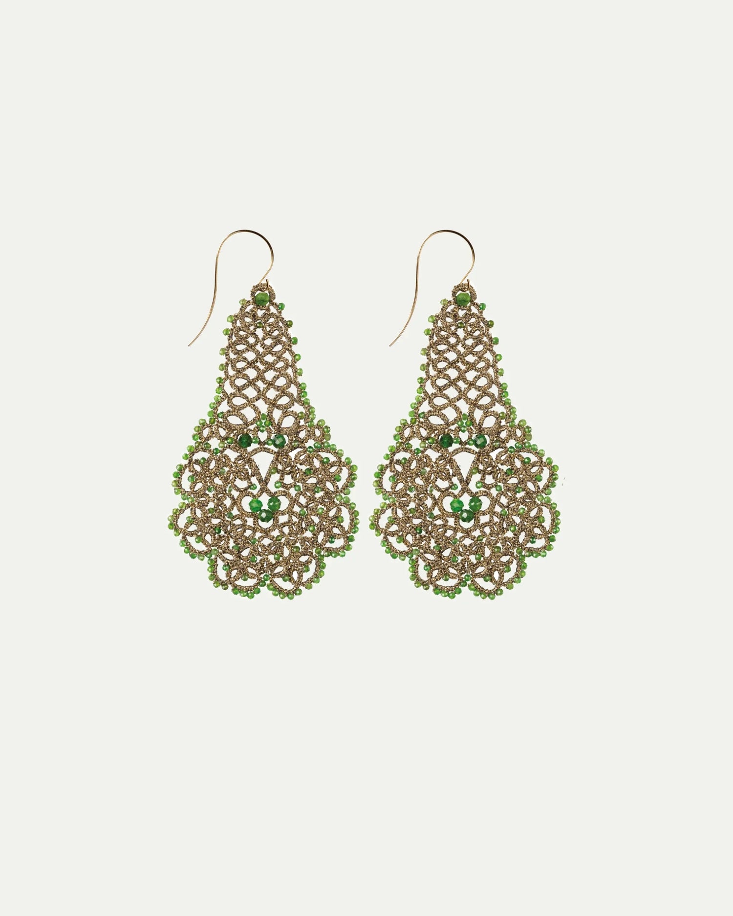 Gerbera Earrings with chrome diopside gemstones, green silk, gold-plated silver hooks.