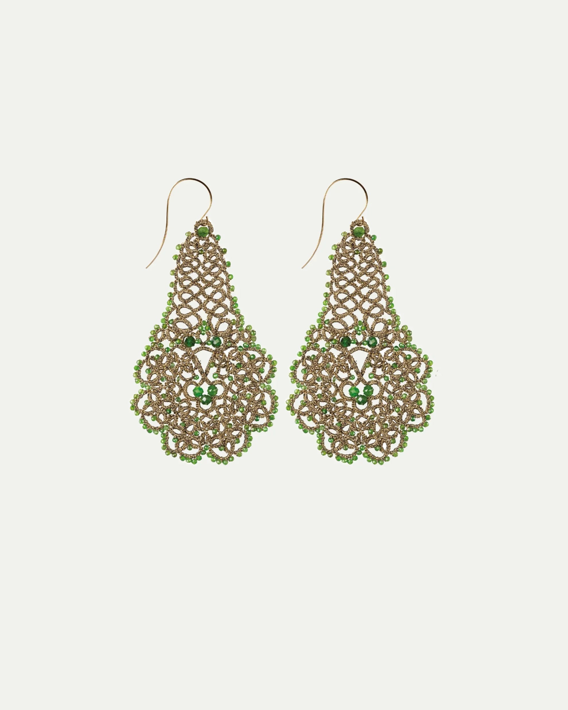 Gerbera Earrings with chrome diopside gemstones, green silk, gold-plated silver hooks.